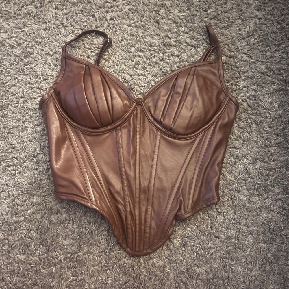 AKIRA Brown Faux Leather Corset Top Pleated Bustier 2021JYWJ616 Womens‎ Medium